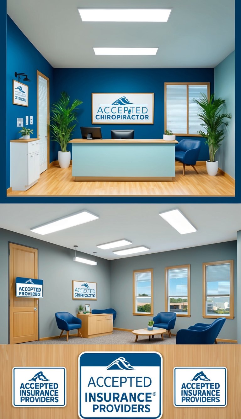 A chiropractor's office with a reception desk, waiting area, and treatment rooms, with signs indicating accepted insurance providers