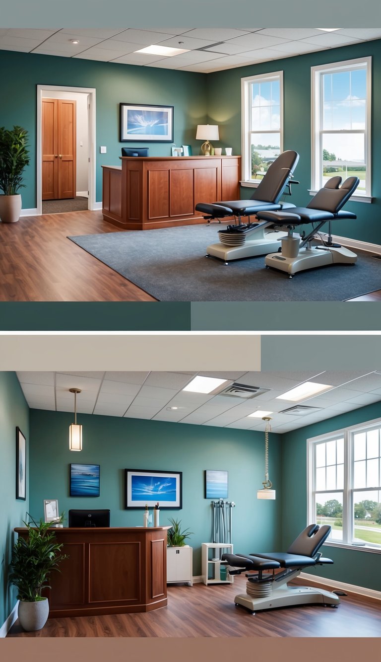 A chiropractor's office with a reception desk, comfortable waiting area, and treatment rooms equipped with specialized tables and equipment