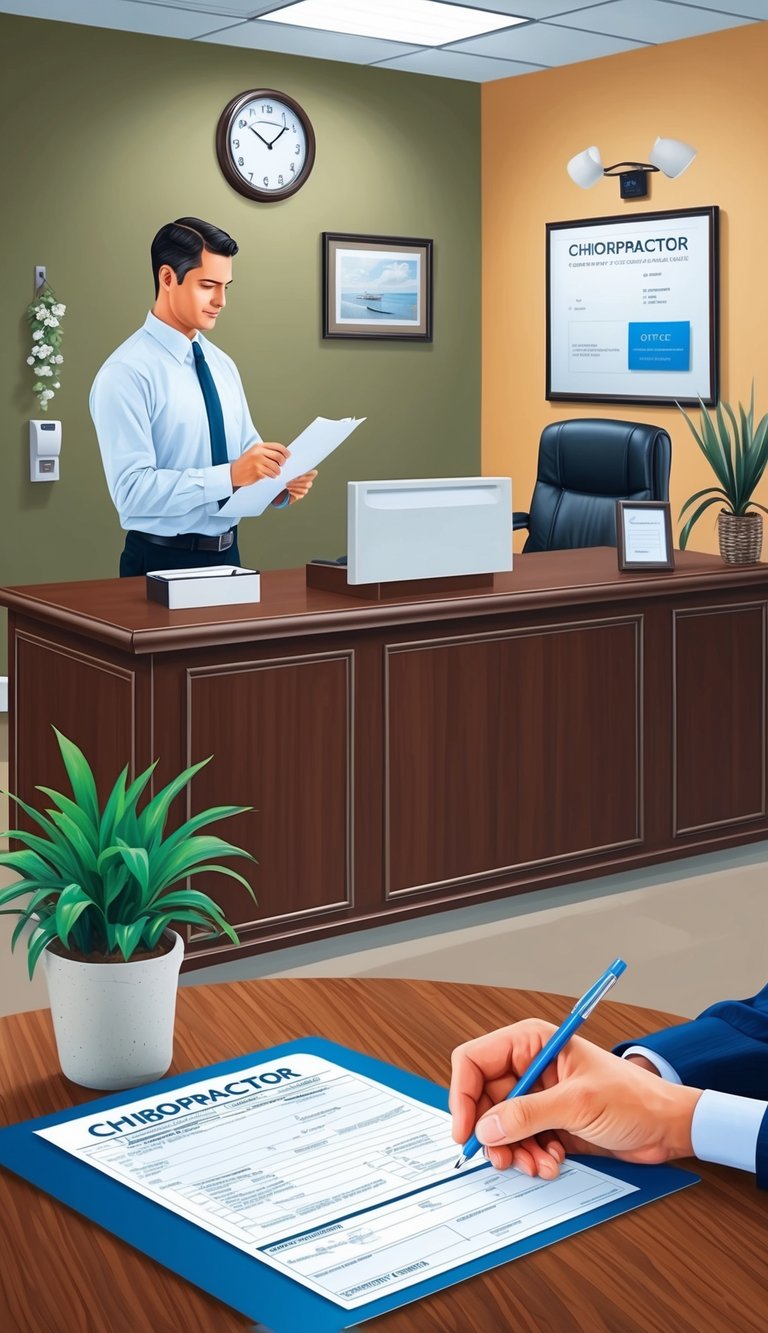 A chiropractor's office with a reception desk and a patient filling out insurance forms