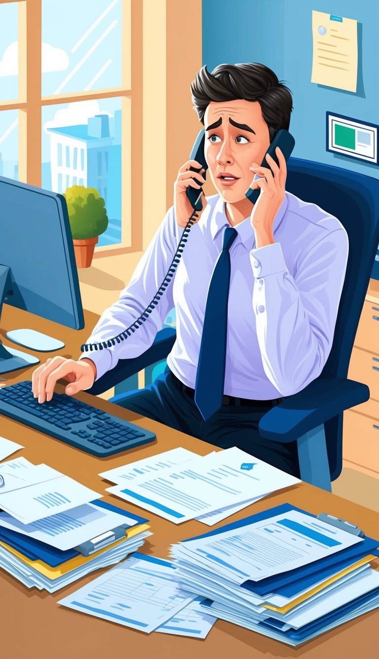 A person sits at a desk, surrounded by paperwork and a computer screen, while on the phone with an insurance representative. They appear frustrated and confused