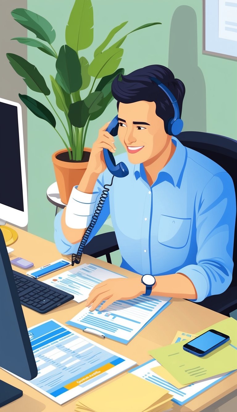 A person sitting at a desk, surrounded by paperwork and a computer, making a phone call to inquire about insurance coverage for pelvic floor therapy