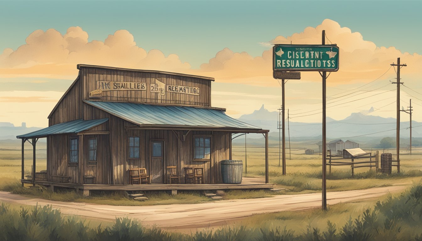 A rustic Texas landscape with a small town in the distance, featuring a sign with alcohol regulations displayed prominently