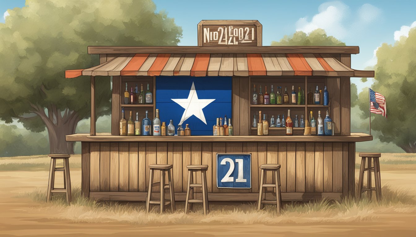 A rustic bar with a "No Alcohol Under 21" sign, surrounded by open fields and a Texas flag flying in the background