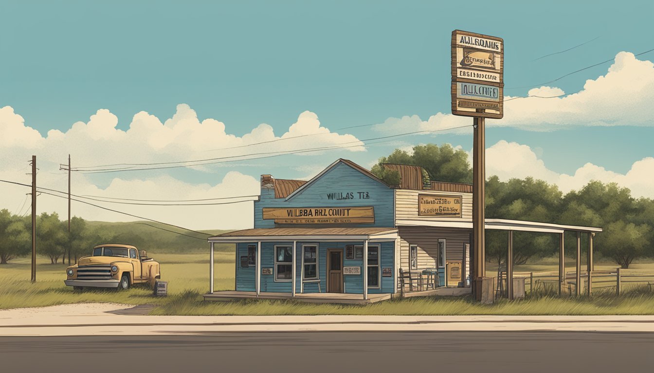 A rural Texas landscape with a small town bar and a sign displaying "Wilbarger County Alcohol Regulations."