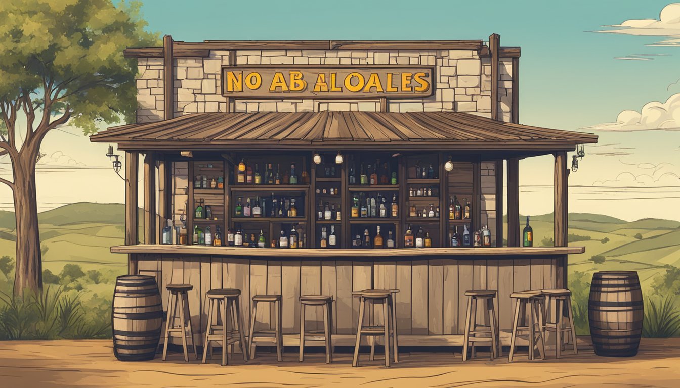 A rustic bar with a "No Alcohol Sales to Minors" sign, surrounded by rural landscapes in Zavala County, Texas