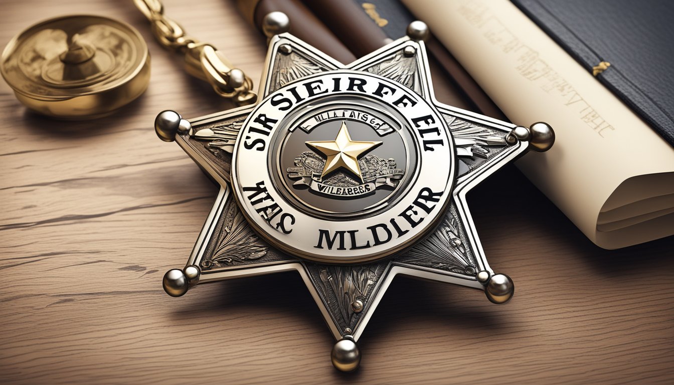 A sheriff's badge on a wooden desk, surrounded by legal documents and a map of Wilbarger County, Texas