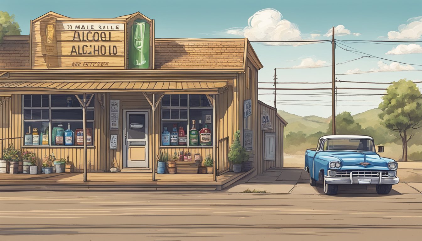 A serene Texan landscape with a small town in the distance, featuring a store with a sign advertising alcohol sales