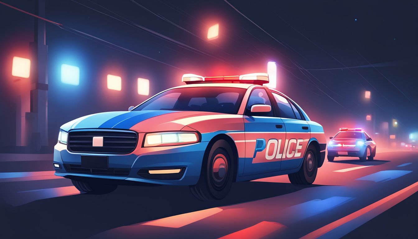 A police car pulls over a car on a dark road, with red and blue lights flashing. A breathalyzer test is being administered to the driver