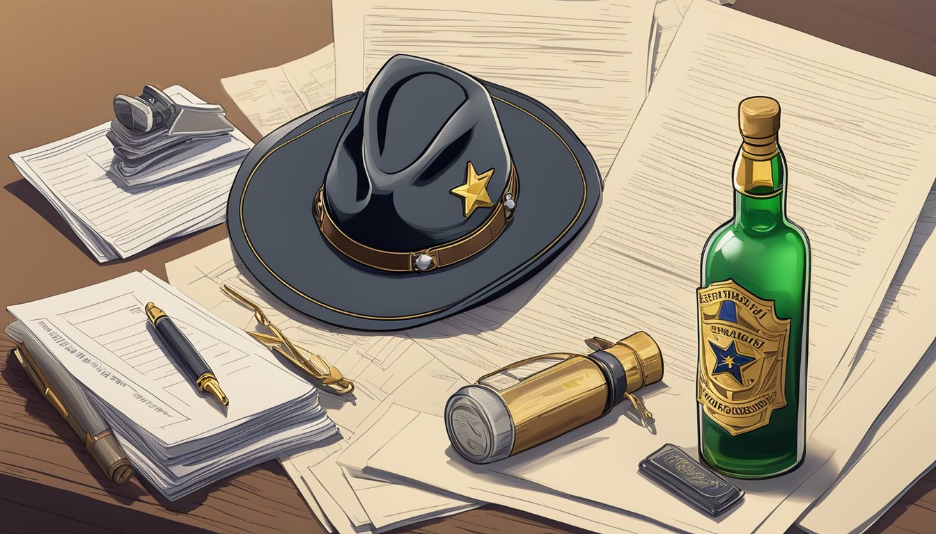 A sheriff's badge pinned to a uniform beside a stack of legal documents and a bottle of alcohol