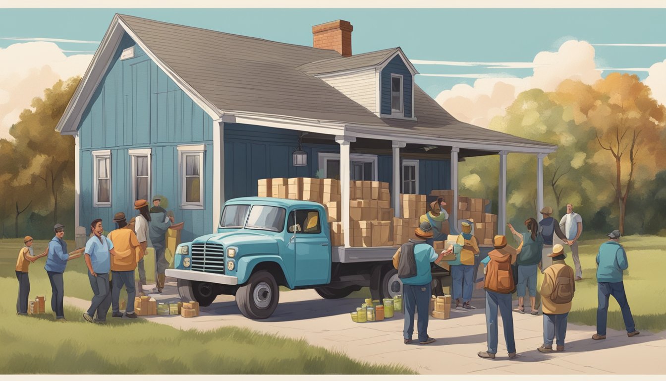 A delivery truck parked outside a rural home, with bottles of alcohol being unloaded and handed to a group of people gathered on the porch