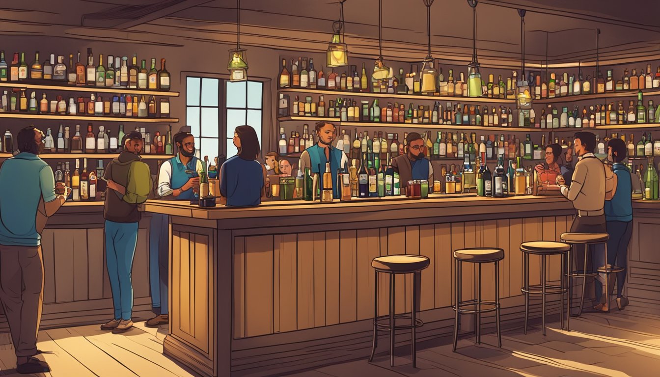 A crowded bar with shelves of alcohol, people socializing and drinking, a bartender pouring drinks, and a festive atmosphere