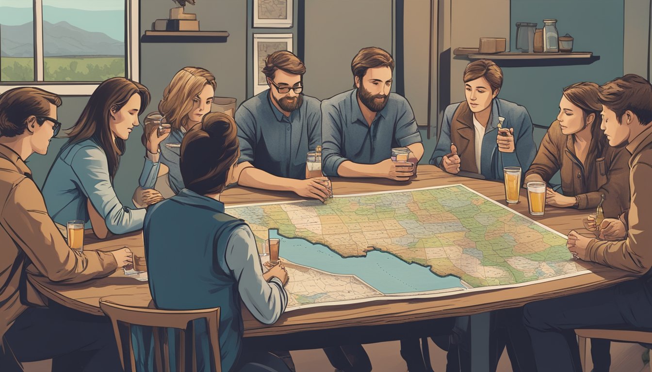 A group of people sitting around a table, with one person pouring a drink while others look on. A map of Texas counties is spread out on the table for comparison