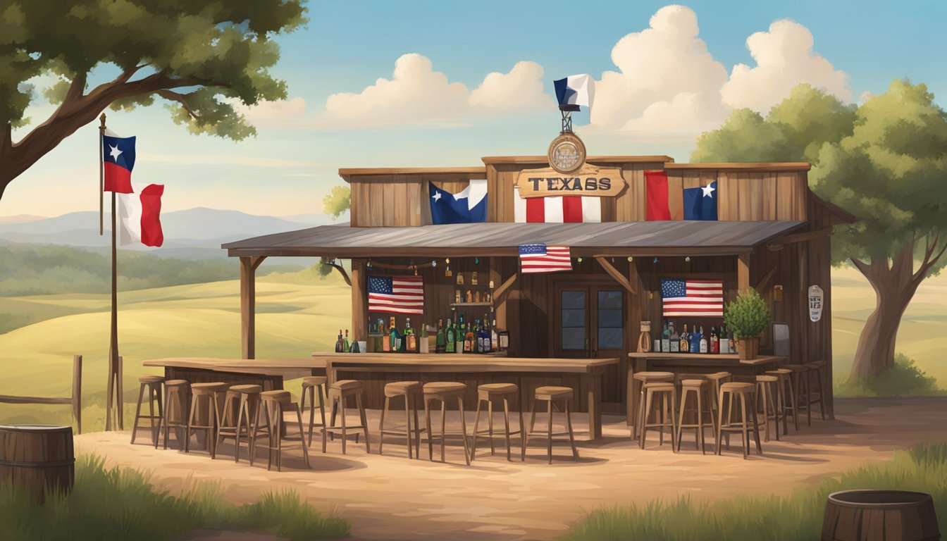 A rustic bar with Texas flags, bottles, and signage, surrounded by open countryside