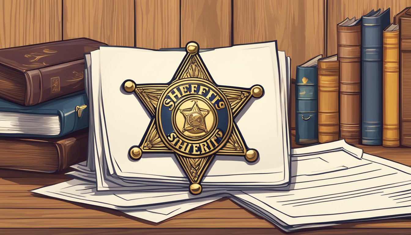 A sheriff's badge and a stack of legal documents on a wooden desk