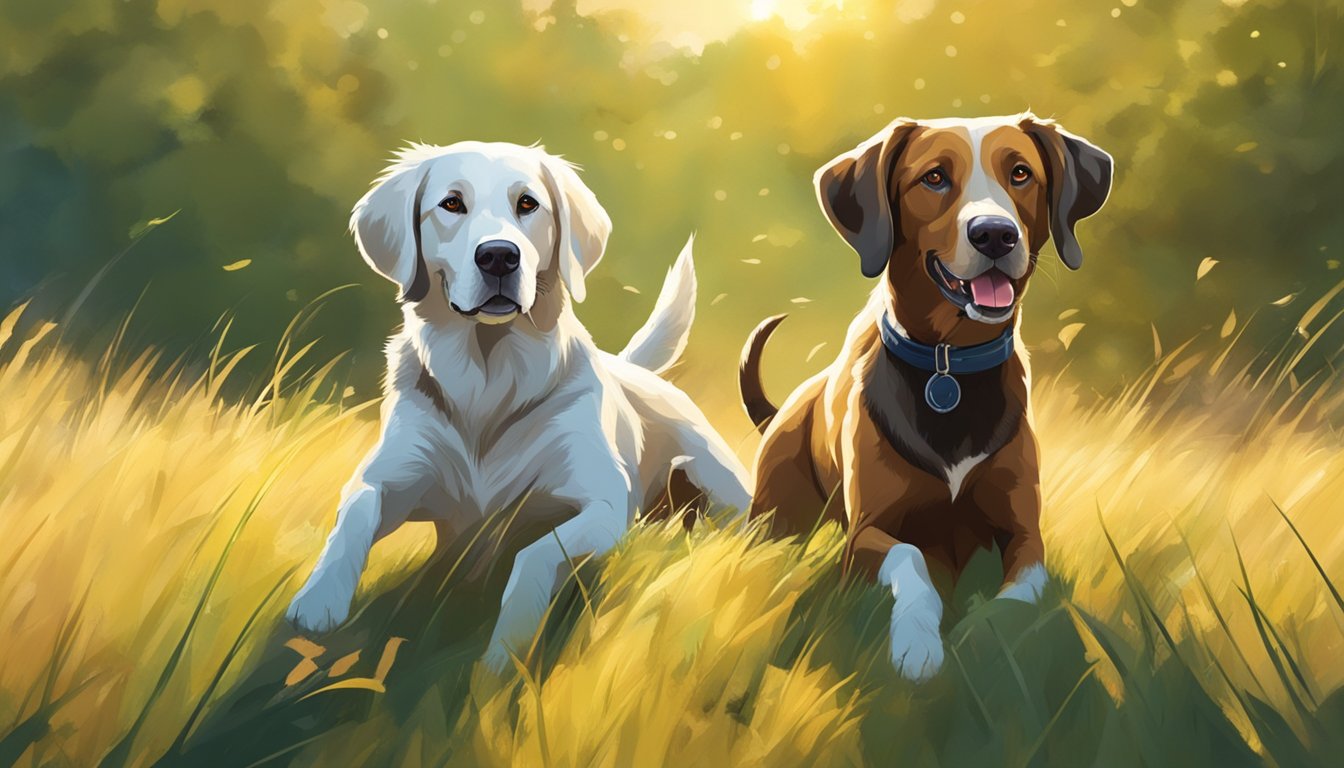 A hunting dog and an inside dog play together in a grassy field under the bright sun