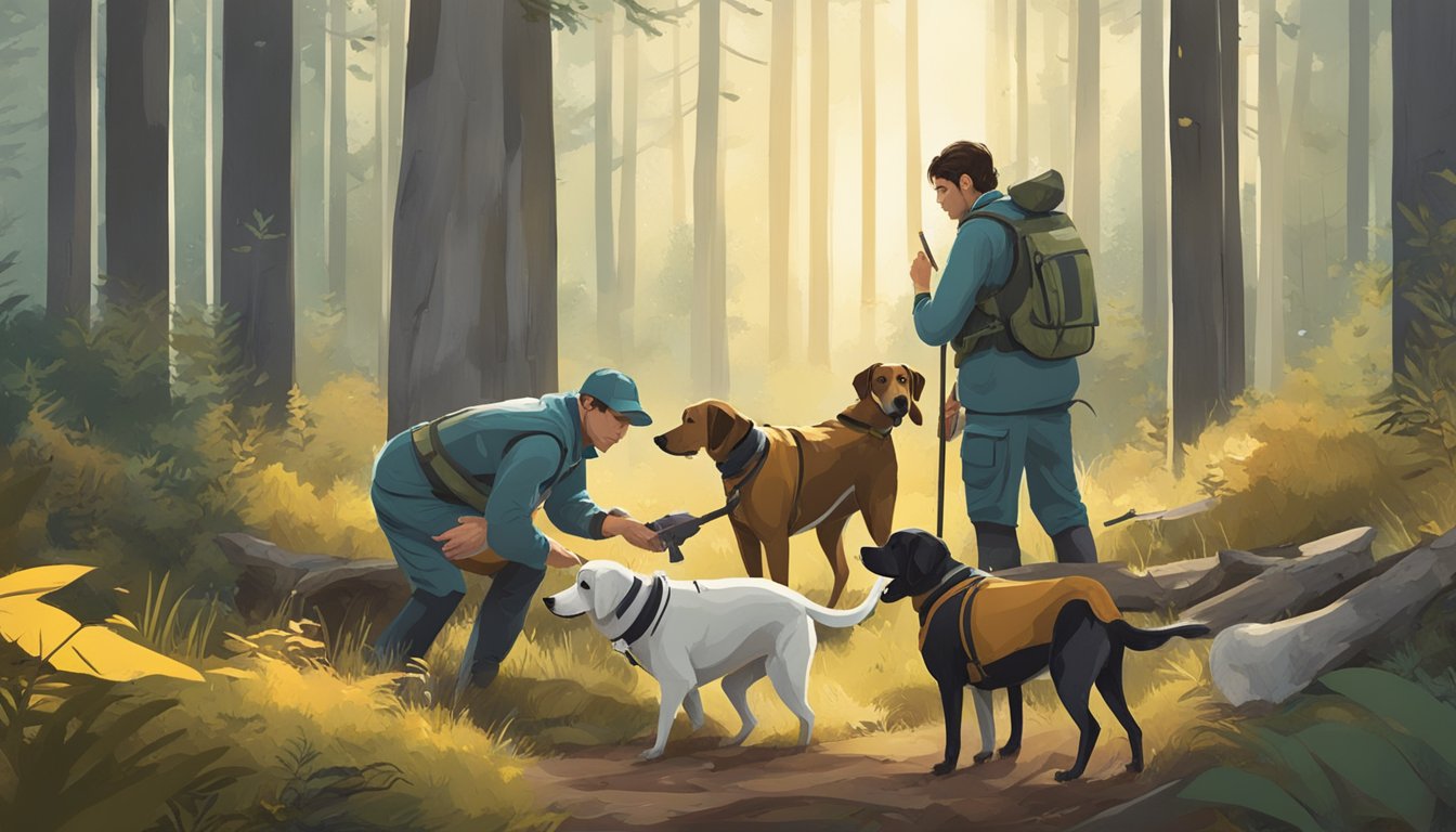 Two hunting dogs in a forest, wearing protective vests, sniffing at a bird carcass. A veterinarian stands nearby, observing