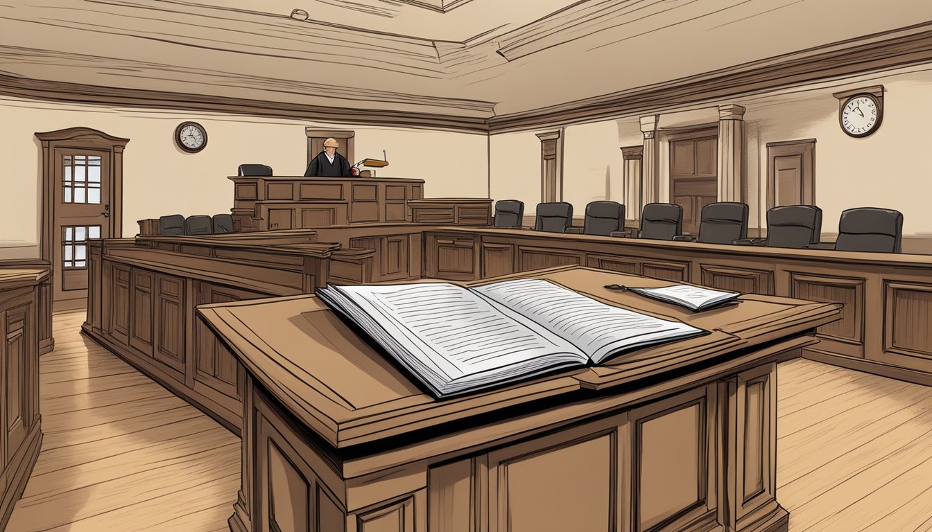 The scene depicts a courtroom with a judge's bench, legal documents, and a gavel. A law book is open to the section on alcohol and drinking laws in Wilson County, Texas