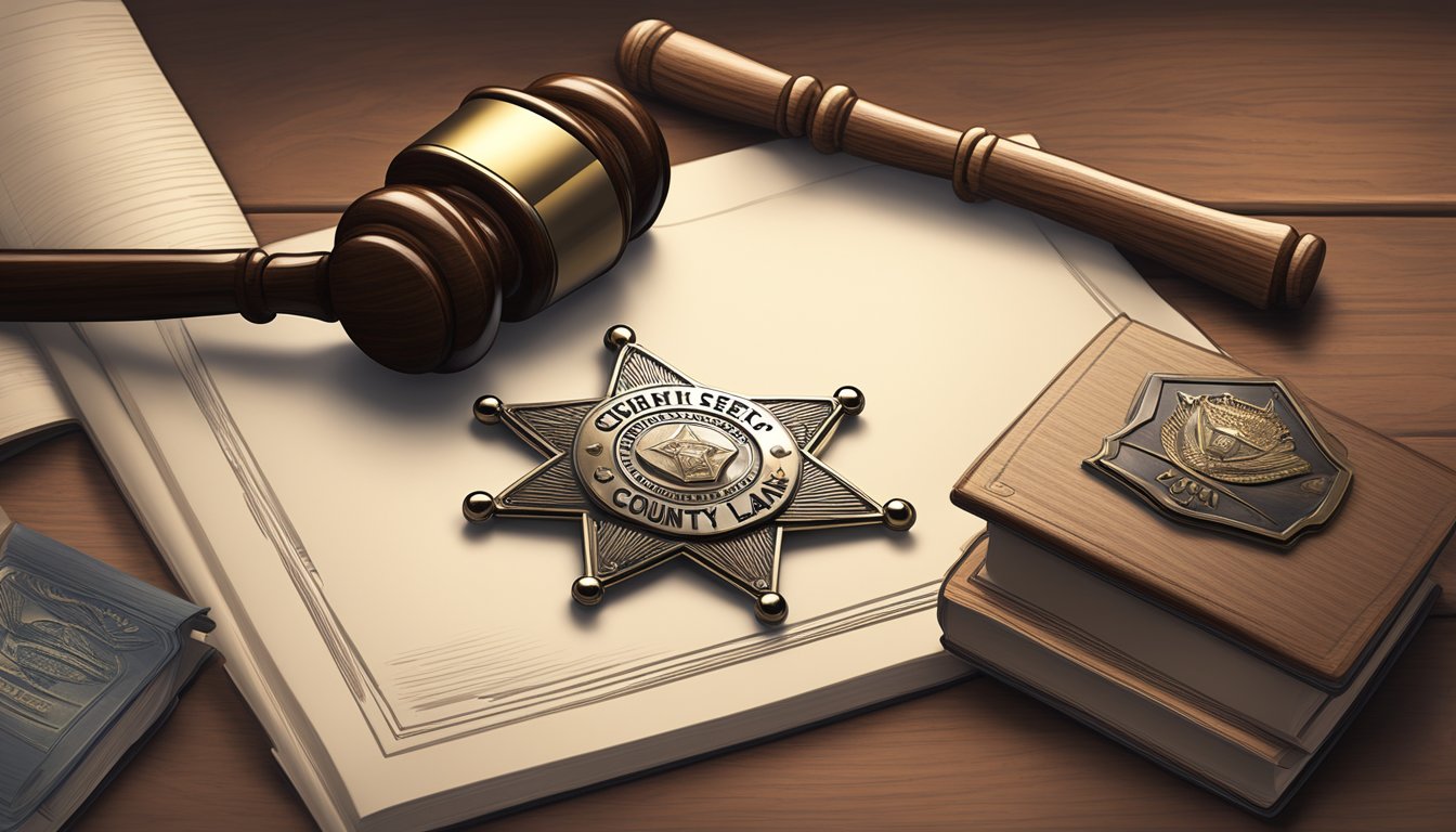 A sheriff's badge and a gavel sit on a wooden desk, surrounded by legal documents and a book of county laws