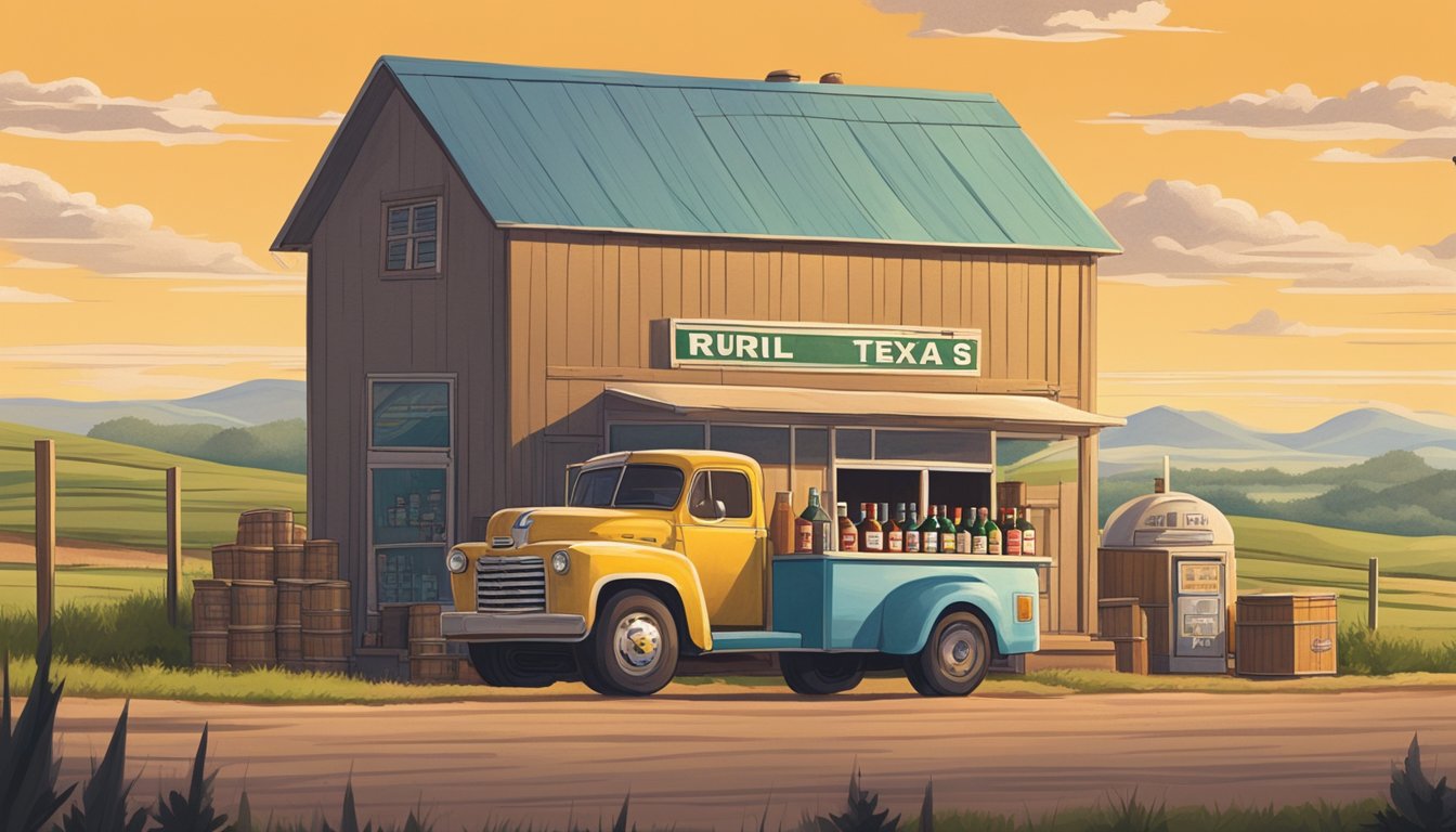 A rural Texas county scene with a small liquor store and a delivery truck parked outside, surrounded by rolling hills and a big open sky