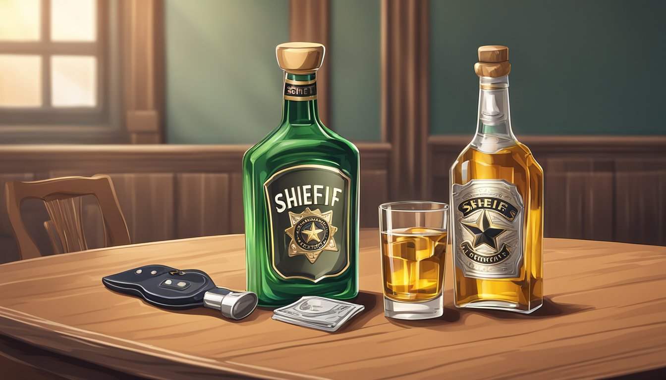 A sheriff's badge and a bottle of alcohol on a table