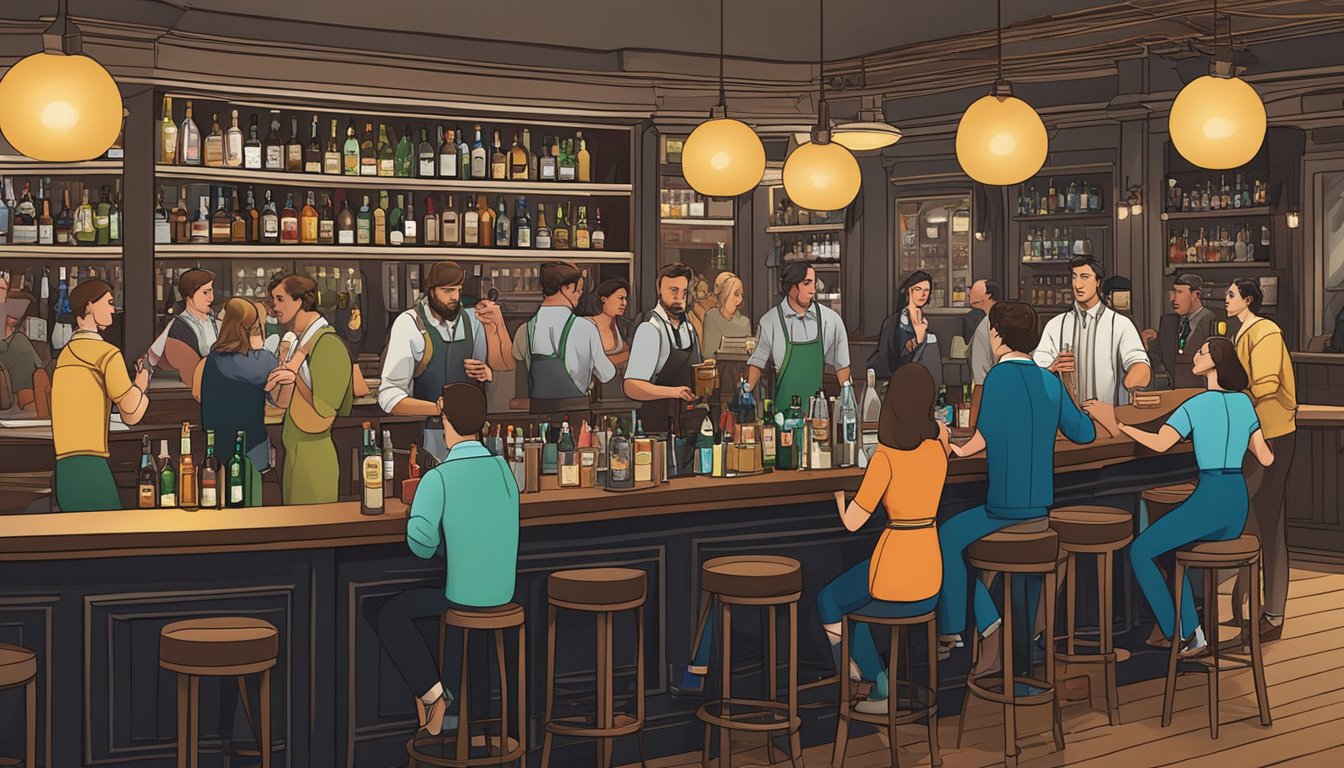 A bustling bar scene with patrons ordering drinks and bartenders serving alcohol