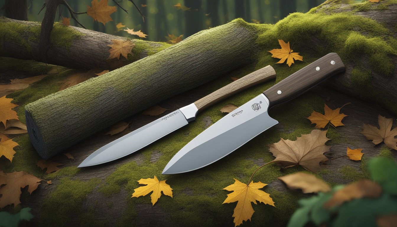 A field dressing knife set laid out on a mossy log in a dense forest clearing, surrounded by fallen leaves and twigs