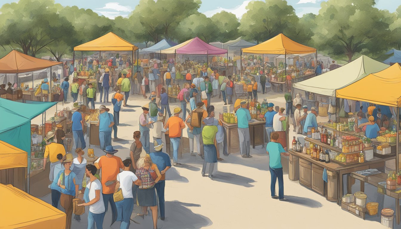 A bustling outdoor event in Webb County, Texas, with vendors serving alcohol and signage displaying special regulations for temporary events