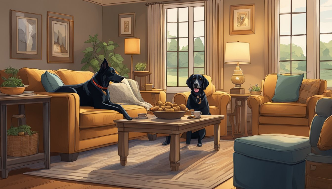 Two hunting dogs lounging in a cozy home environment, surrounded by comfortable furniture and warm lighting