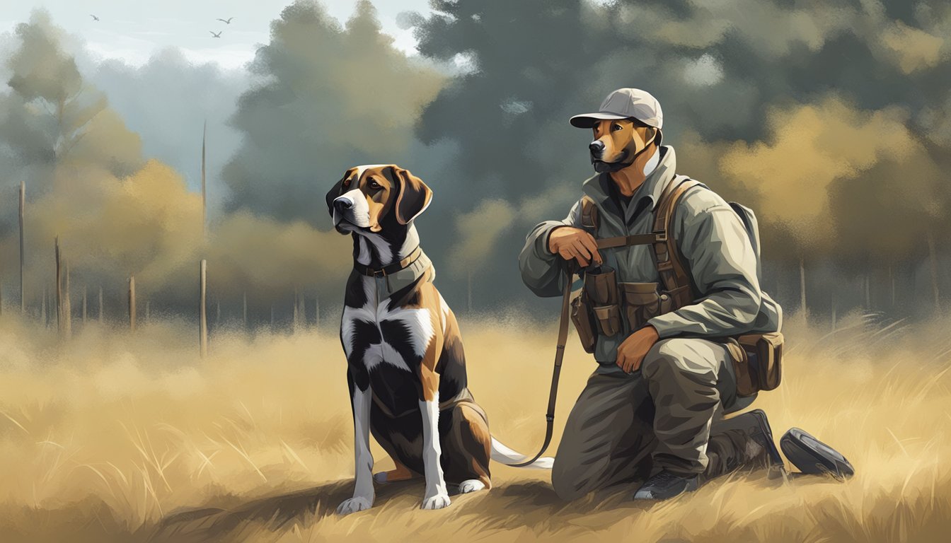 A hunting dog sitting obediently inside a training area, attentive and focused on its handler's commands