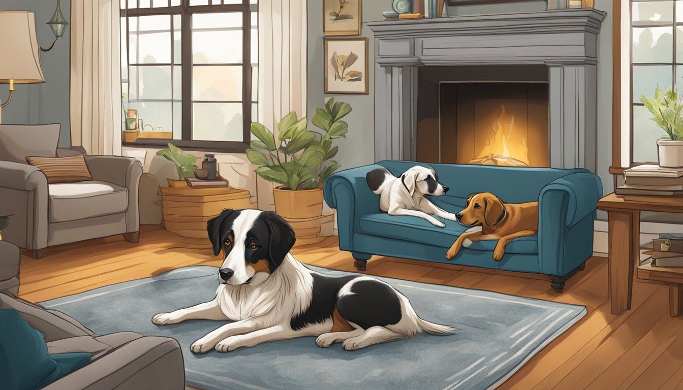 Two hunting dogs lounging inside a cozy living room, one resting on a plush dog bed while the other sniffs around the room