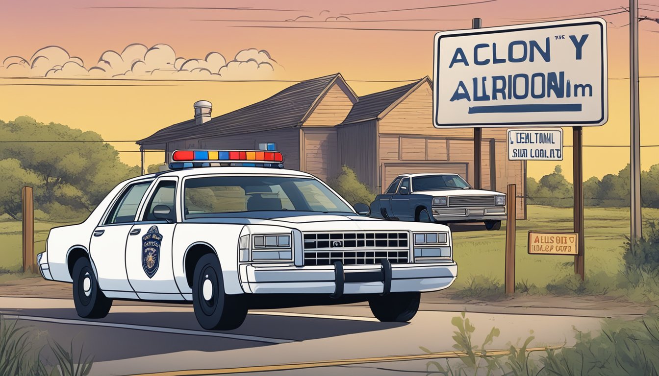 A police car pulling over a vehicle on a Texas road, with a sign indicating the county's alcohol and drinking laws in the background