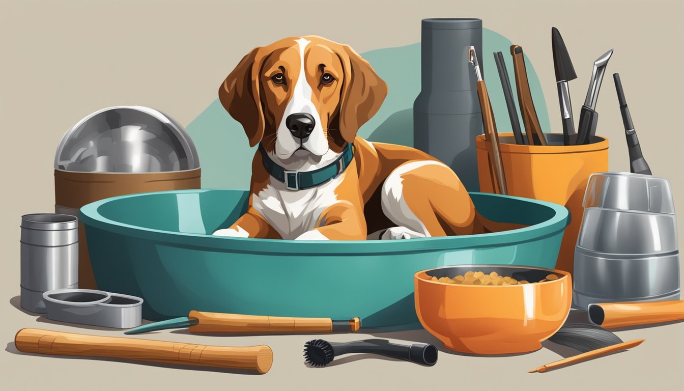 A hunting dog lounges inside, surrounded by grooming tools and a water bowl