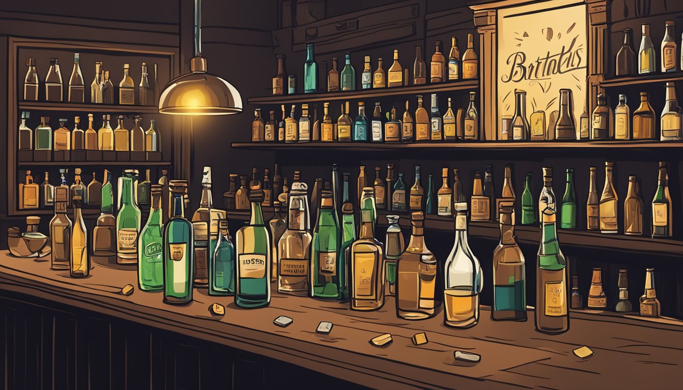 A dimly lit bar with empty bottles scattered on the floor, a bartender pouring drinks, and a sign displaying the legal drinking age