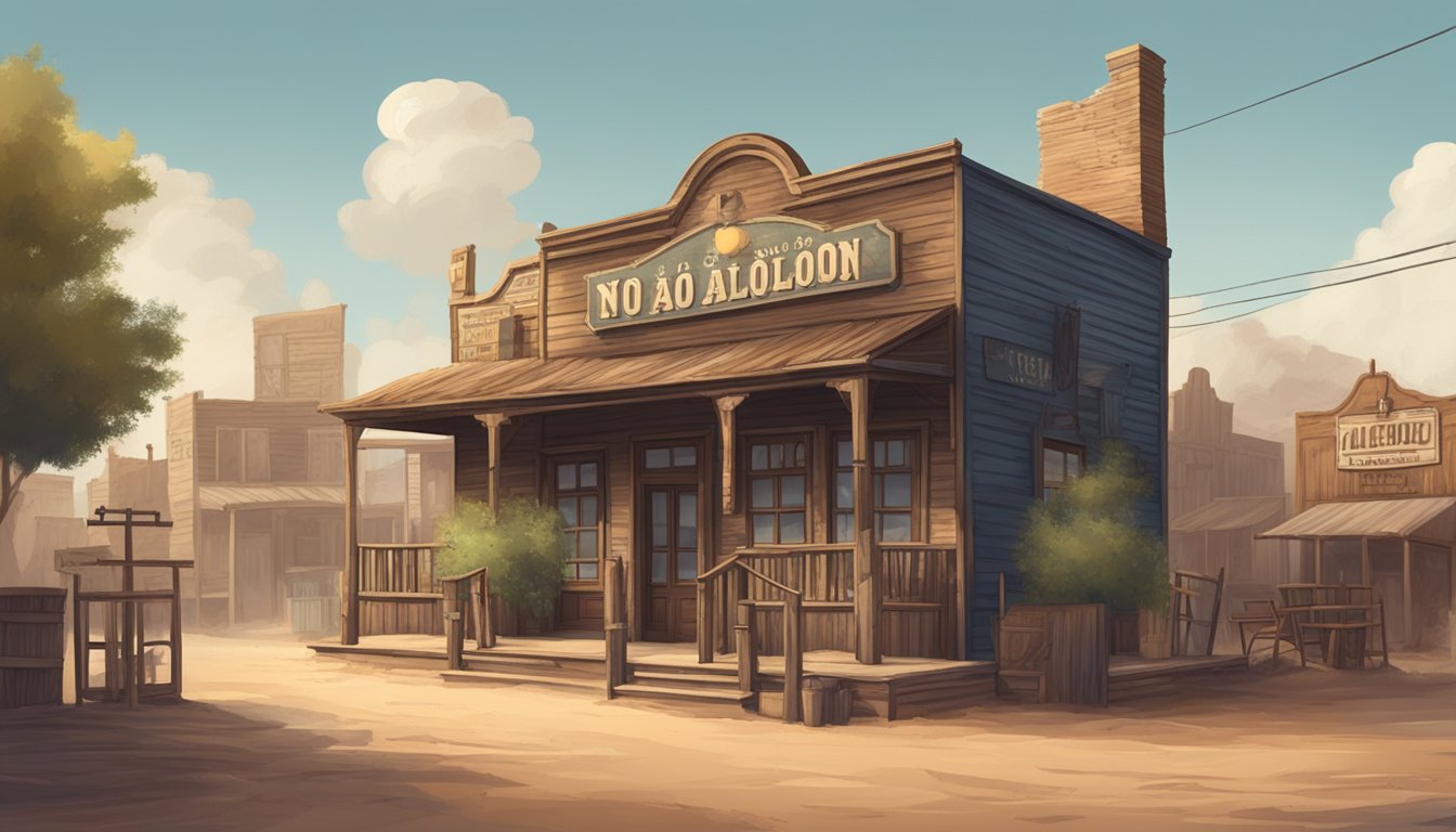 A saloon with a "No Alcohol" sign in a small Texas town, surrounded by dusty streets and old wooden buildings