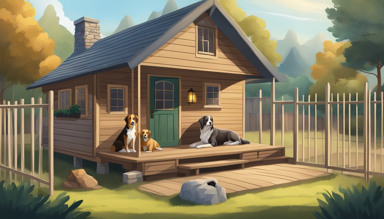 A cozy cabin with open doors, surrounded by a fenced yard. Dogs lounging inside and outside, with a nearby kennel for rest