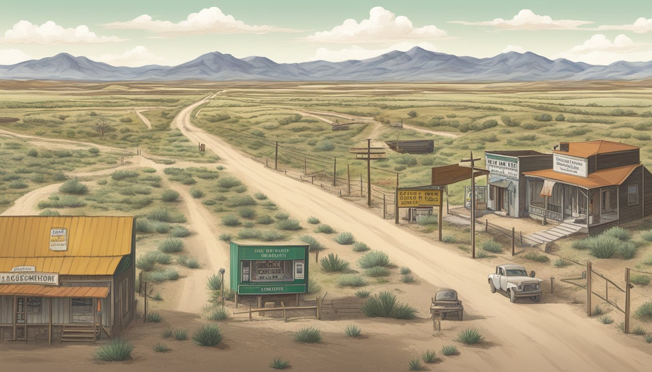 A rural Texan landscape with a small town, dusty roads, and a sign displaying "Alcohol Sales and Distribution Regulations" in Zapata County