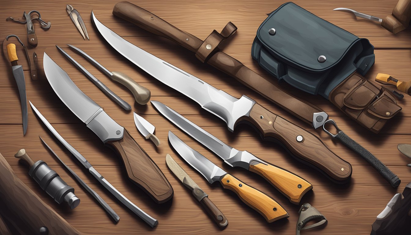 A hunting knife set laid out on a wooden table with additional gear for field dressing, including a bone saw and gut hook