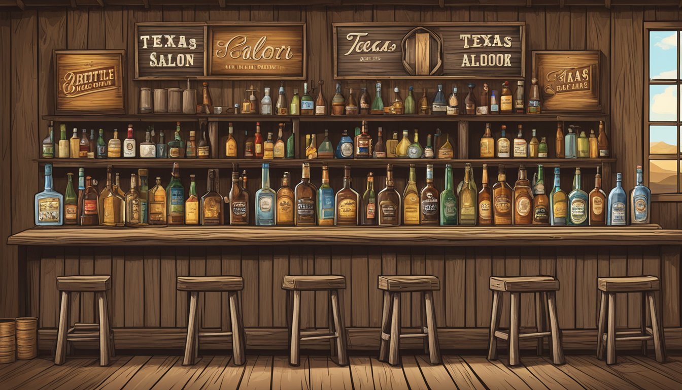 A rustic Texas county scene with a saloon sign, cowboy hats, and bottles of alcohol on display