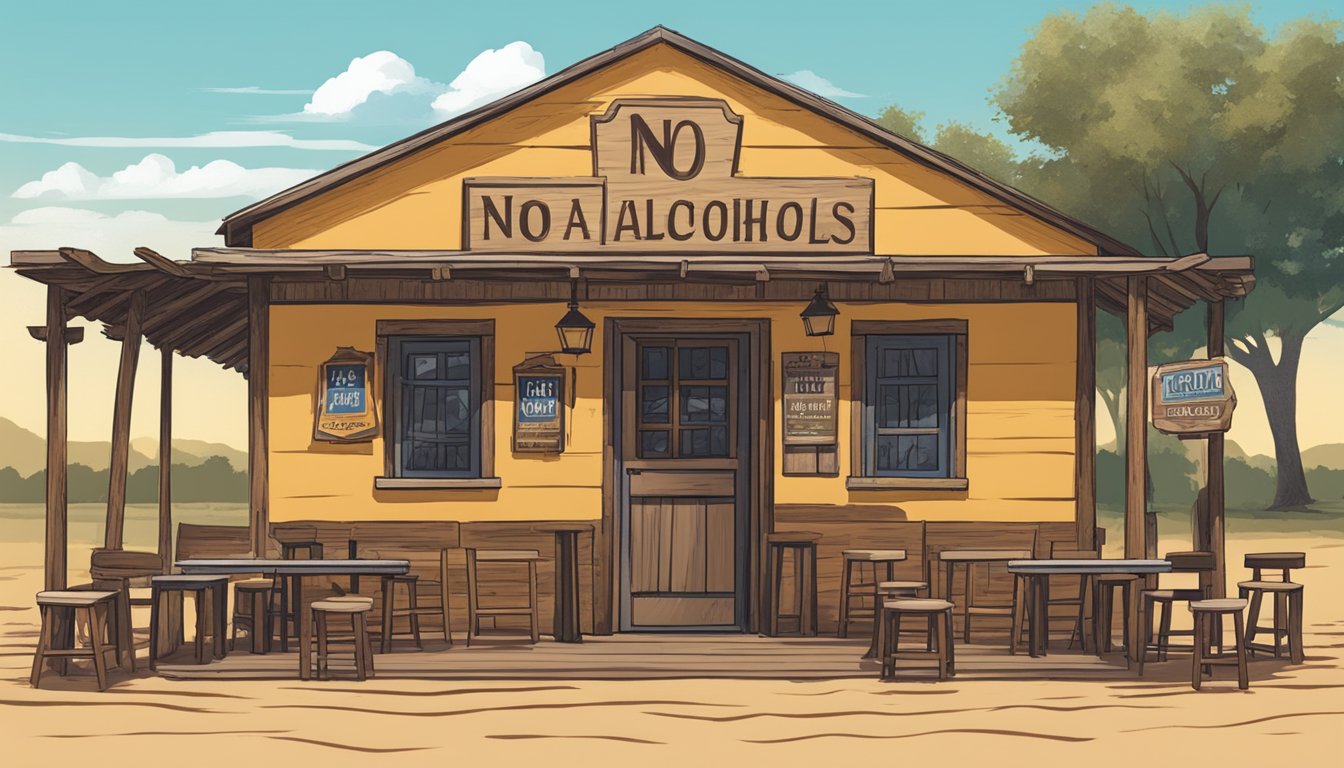 A rustic bar with a "No Alcohol" sign in Zapata County, Texas