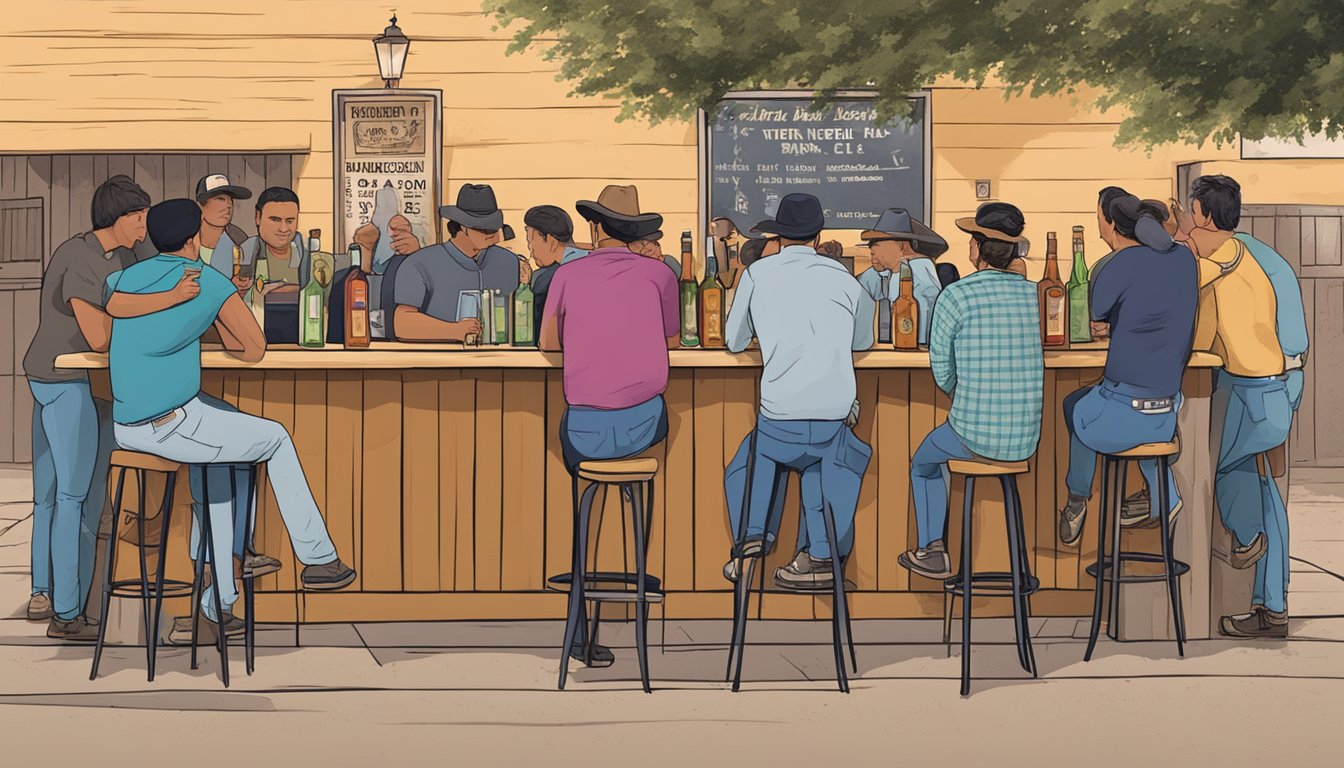 A group of people drinking outside a bar in Zapata County, Texas, while a sign displays alcohol consumption and public health laws