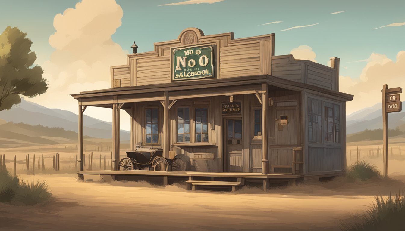 A dusty rural landscape with an old-fashioned saloon and a "No Alcohol" sign prominently displayed