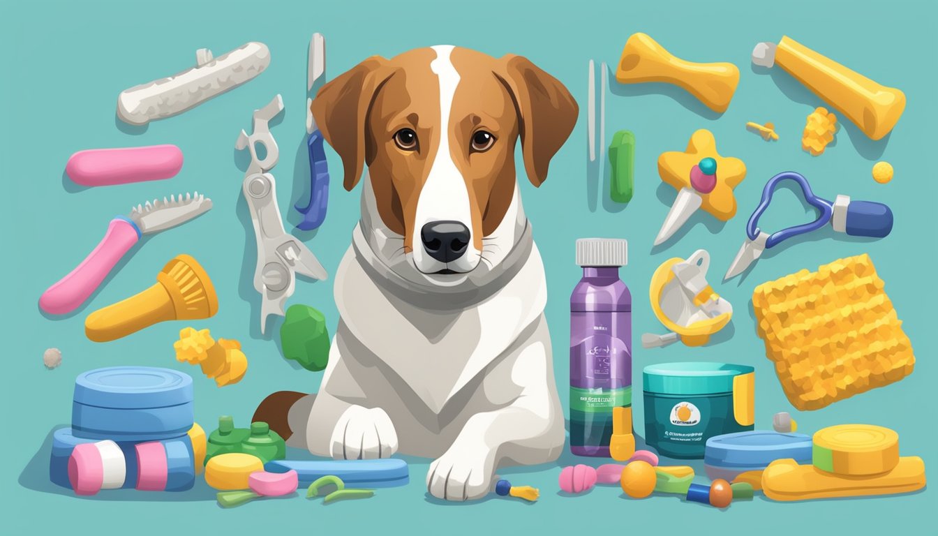 A hunting dog with a squeaky toy, surrounded by chew toys and dental health products