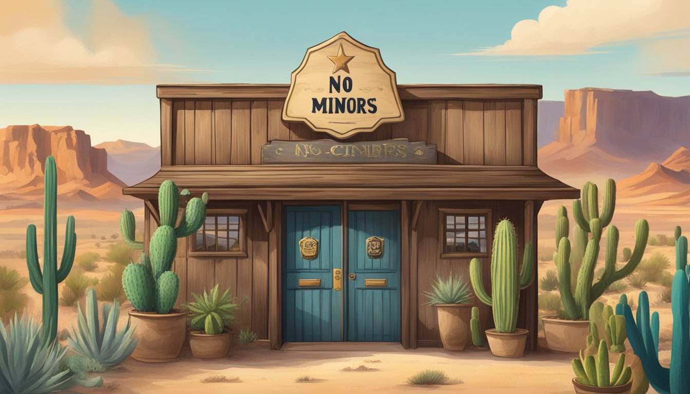 A rustic bar with a "No Minors" sign on the door, surrounded by cacti and desert landscape, with a sheriff's badge visible nearby