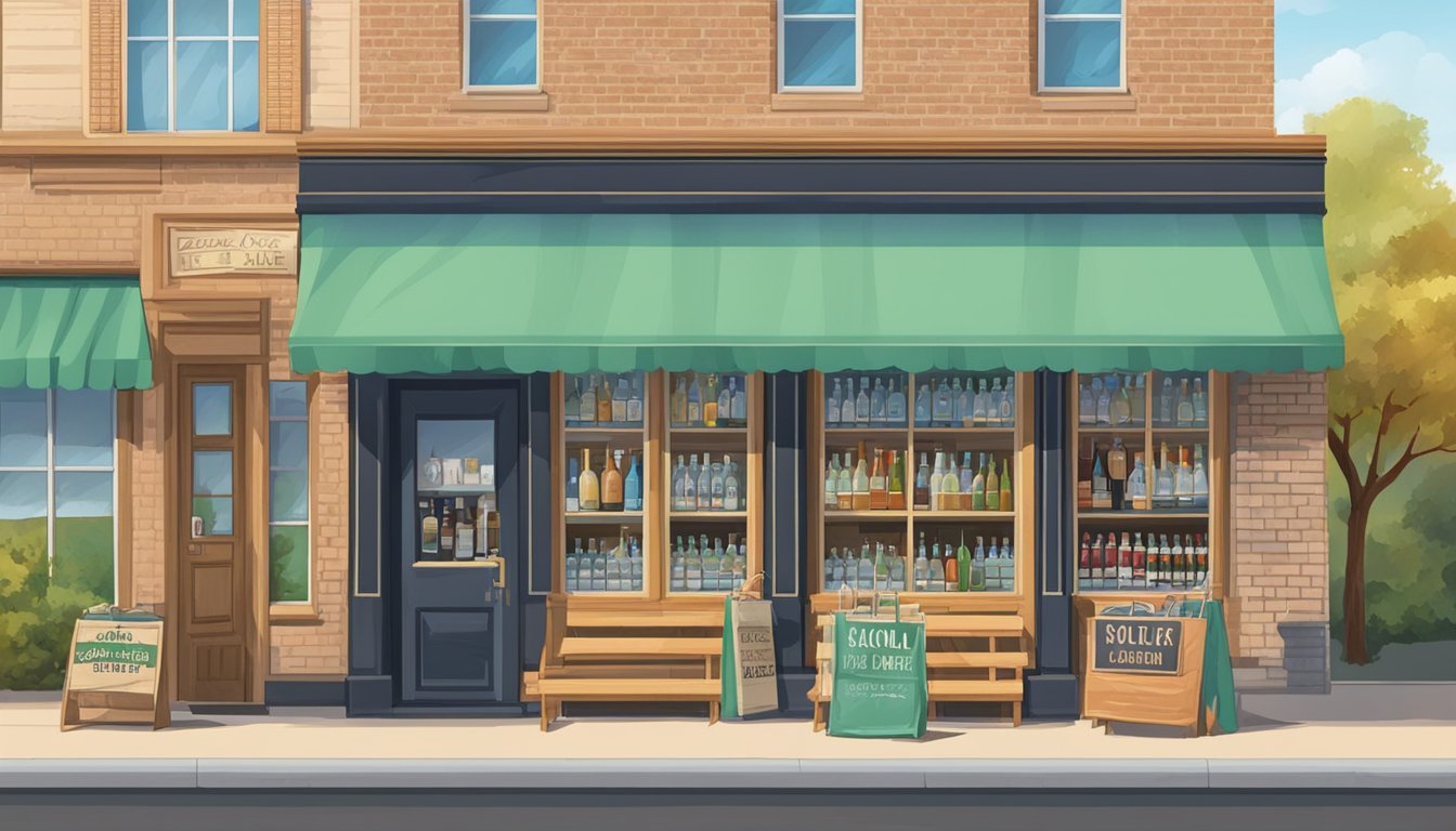 A storefront with a sign reading "Alcohol for Sale" in Winkler County, Texas. Customers entering and leaving with bags of alcohol