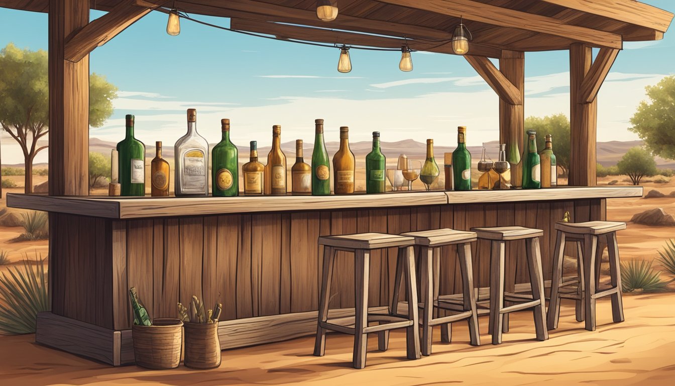 A rustic bar with bottles and glasses, surrounded by a dry Texas landscape under a hot sun