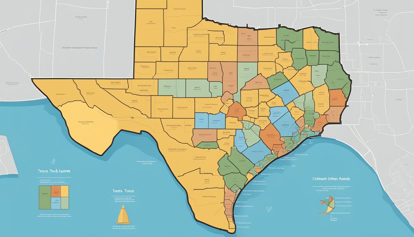 A map of Texas with highlighted boundaries of county lines. Icons representing alcohol and drinking laws are shown within each county