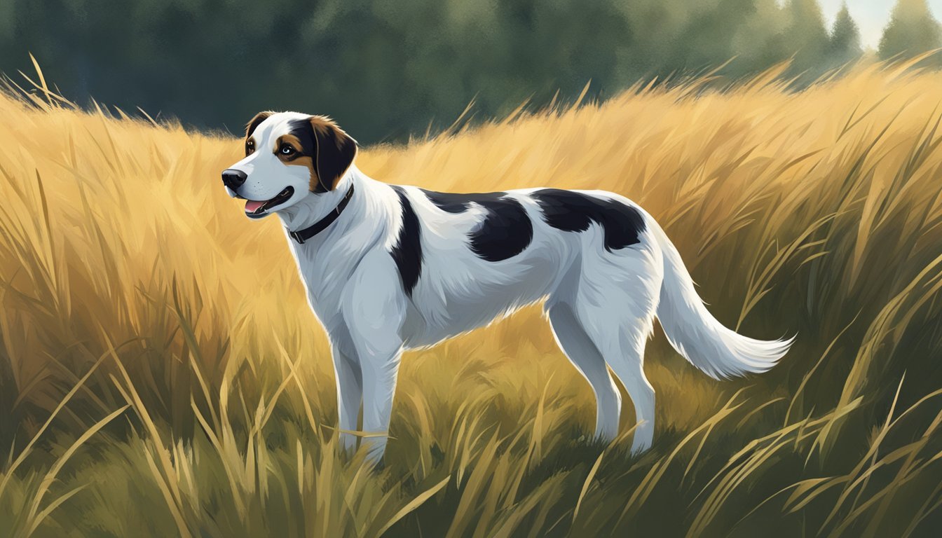 A dog with a keen gaze stands alert in a field, surrounded by tall grass and trees. Its tail is raised, showing signs of excitement and readiness for hunting