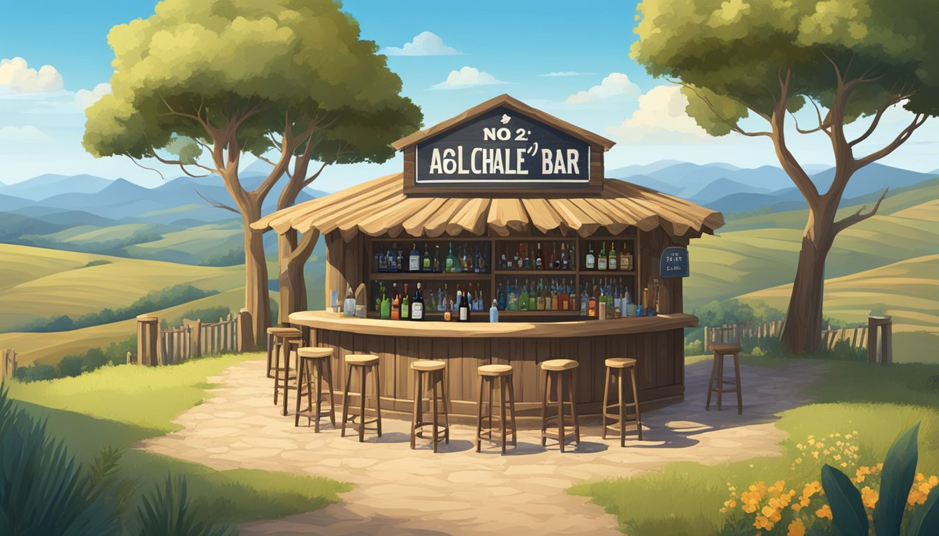 A rustic bar with a "No Alcohol Under 21" sign, surrounded by rolling hills and a clear blue sky