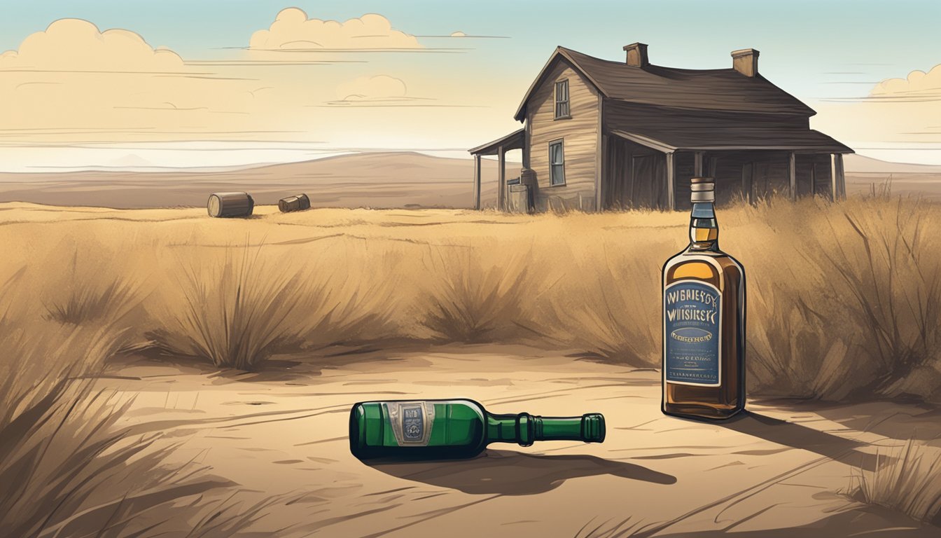 A dusty, rural landscape with a small, weathered courthouse in the background. A lone, empty whiskey bottle lies discarded in the foreground