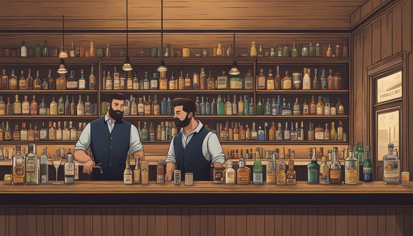 A dusty bar with a lone bartender, shelves of liquor, and a sign displaying Texas Alcoholic Beverage Code